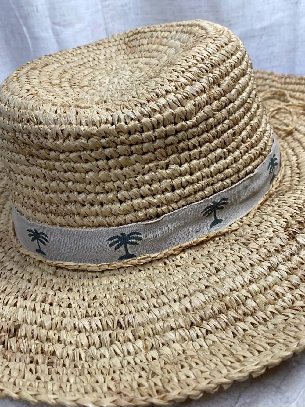 Vintage Panama Jack Straw Hat Wide Brim Palm Tree Ribbon Sun Boater Beach OSFA